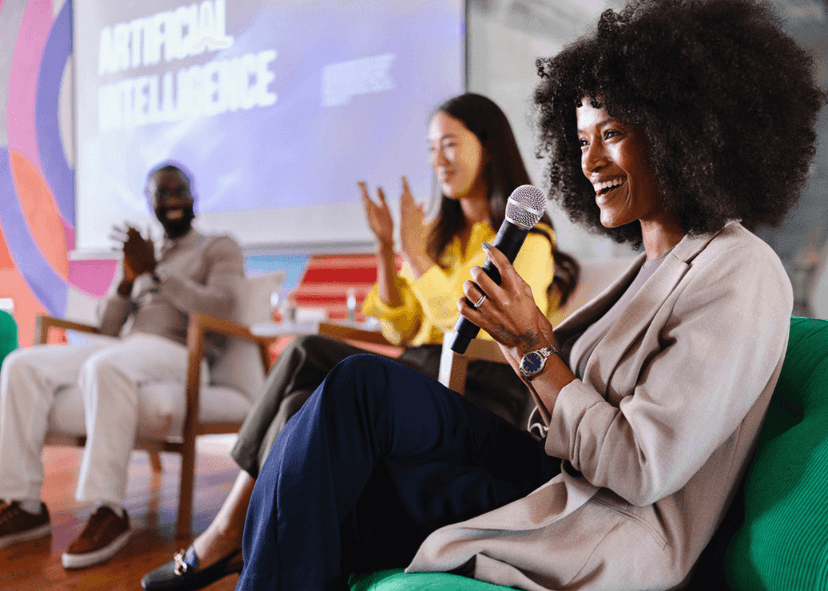woman talking on an AI panel discussion