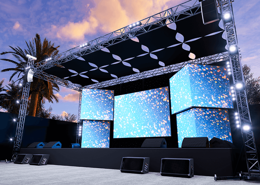 Stage at music festival with LED screens