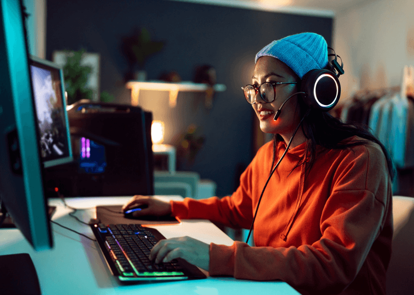 female gamer with headset